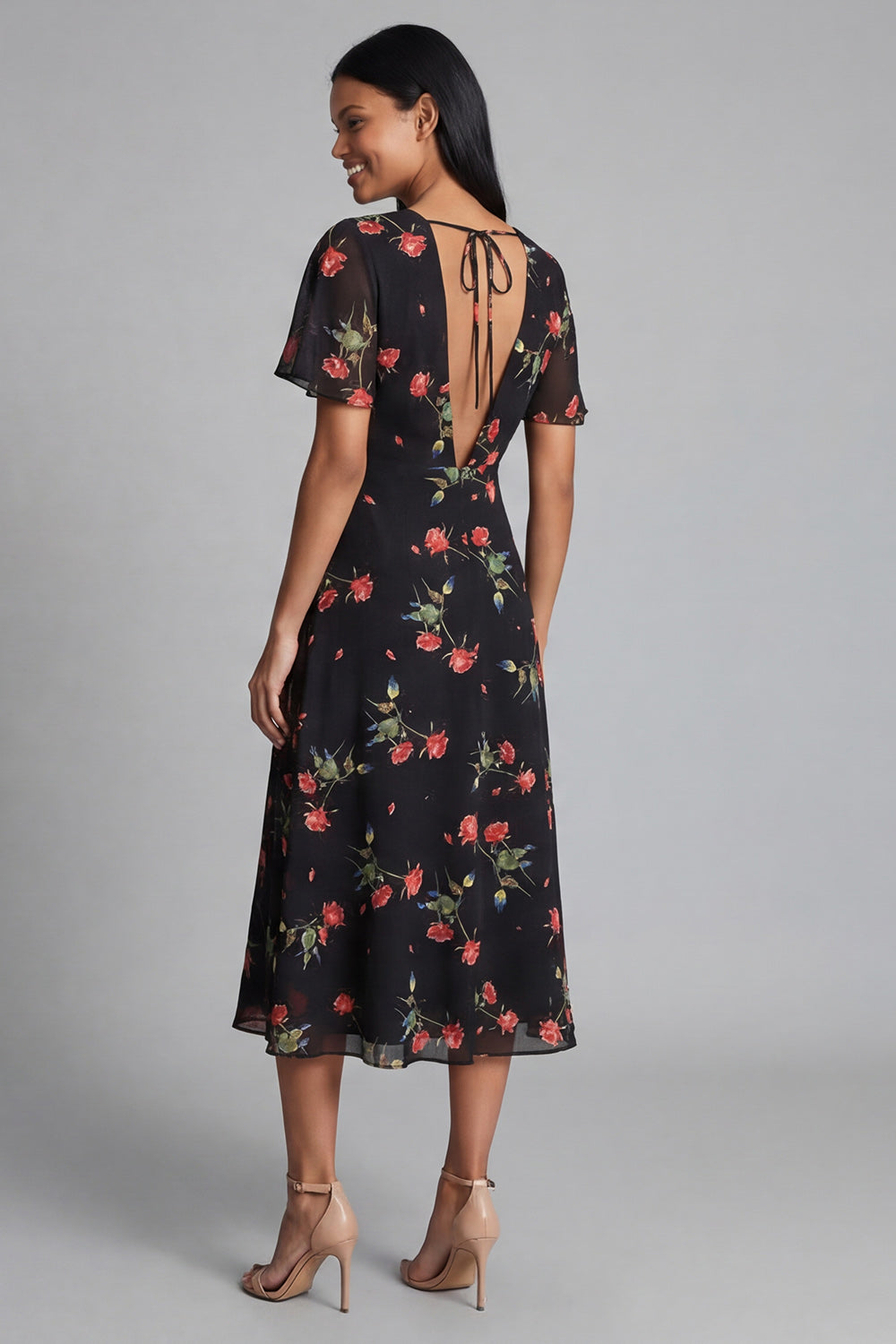 Maxi Black V-Neck A Line Floral Beach Wedding Guest Dress