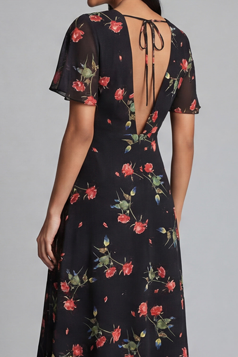 Maxi Black V-Neck A Line Floral Beach Wedding Guest Dress