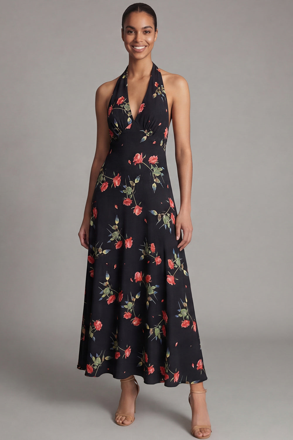 Halter Black A Line Floral Maxi Beach Wedding Guest Dress