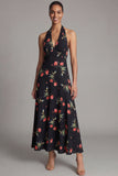 Halter Black A Line Floral Maxi Beach Wedding Guest Dress