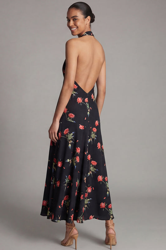 Halter Black A Line Floral Maxi Beach Wedding Guest Dress