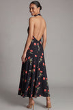 Halter Black A Line Floral Maxi Beach Wedding Guest Dress
