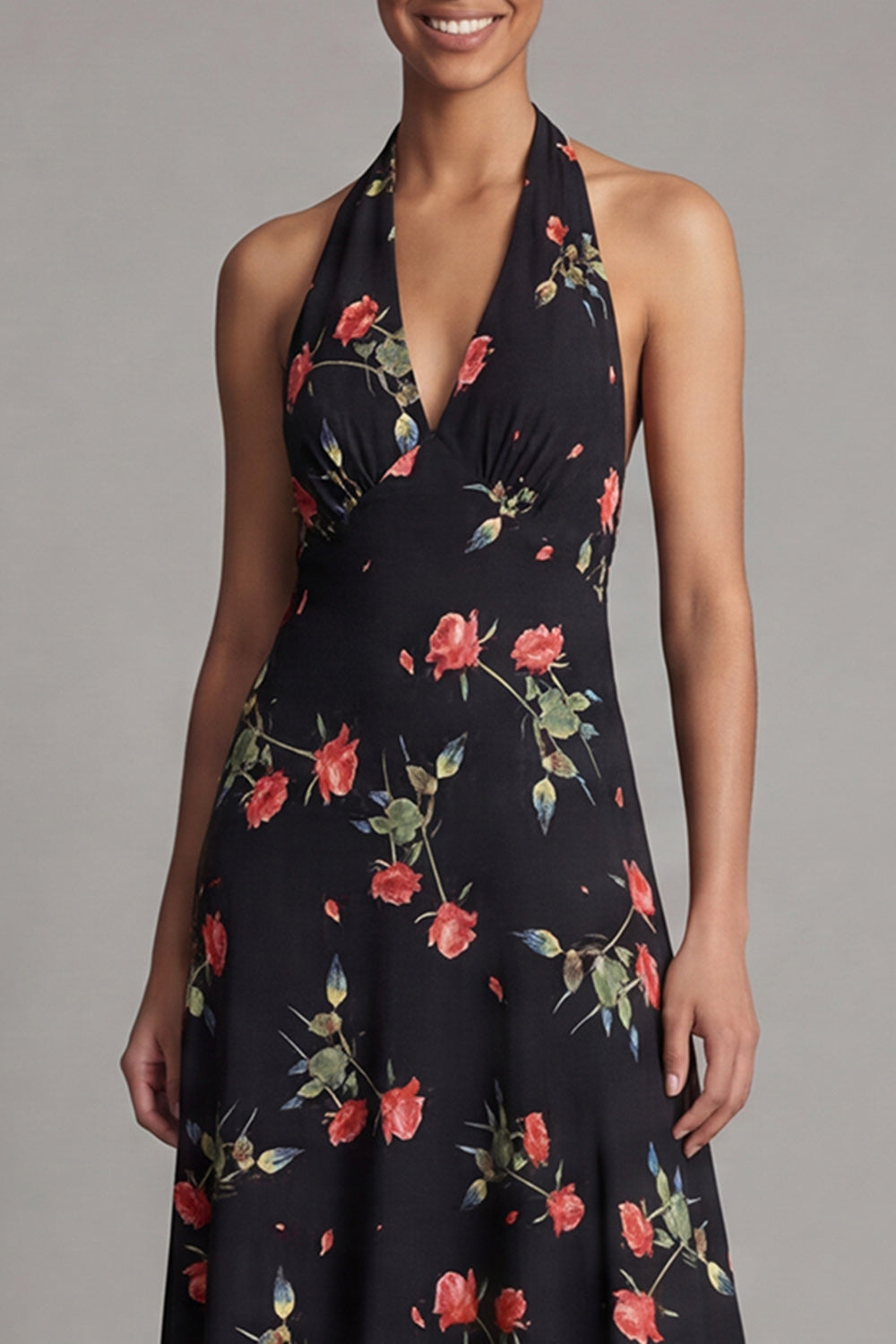 Halter Black A Line Floral Maxi Beach Wedding Guest Dress