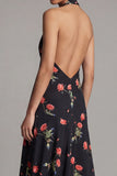 Halter Black A Line Floral Maxi Beach Wedding Guest Dress