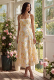 Halter A Line Floral Maxi Yellow Lace Boho Wedding Guest Dress with Bow