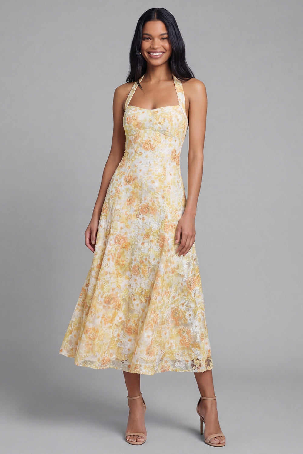 Halter A Line Floral Maxi Yellow Lace Boho Wedding Guest Dress with Bow