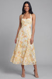 Halter A Line Floral Maxi Yellow Lace Boho Wedding Guest Dress with Bow