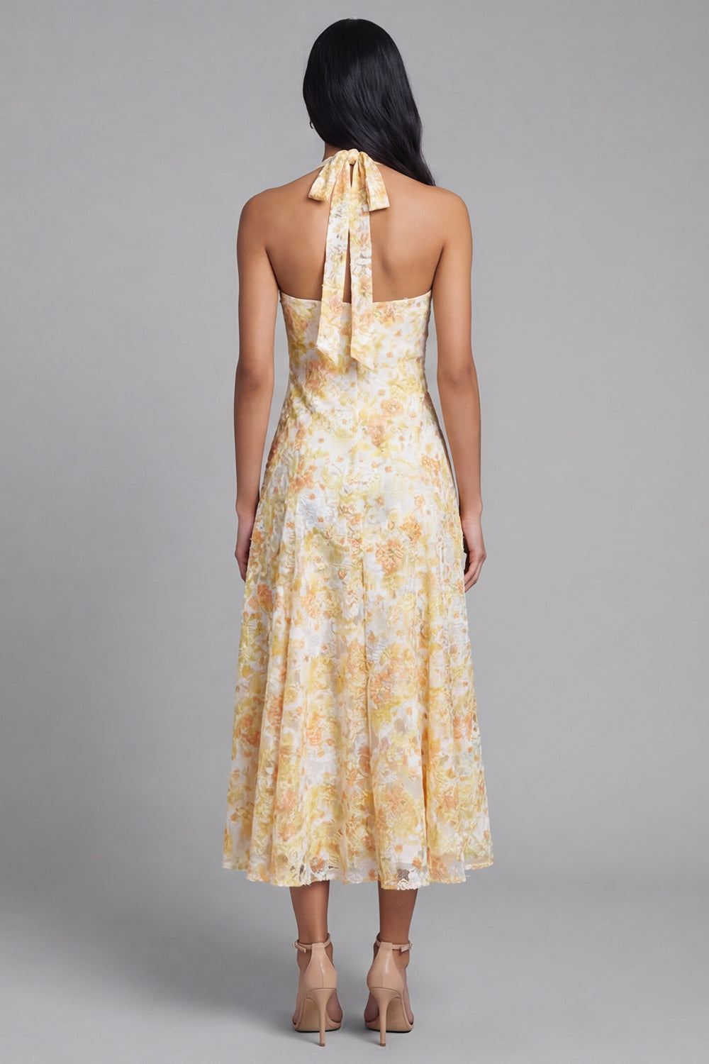 Halter A Line Floral Maxi Yellow Lace Boho Wedding Guest Dress with Bow