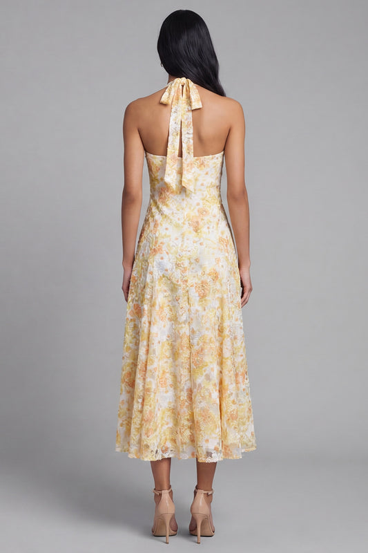 Halter A Line Floral Maxi Yellow Lace Boho Wedding Guest Dress with Bow