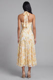 Halter A Line Floral Maxi Yellow Lace Boho Wedding Guest Dress with Bow