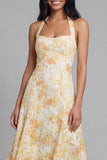 Halter A Line Floral Maxi Yellow Lace Boho Wedding Guest Dress with Bow