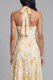Halter A Line Floral Maxi Yellow Lace Boho Wedding Guest Dress with Bow