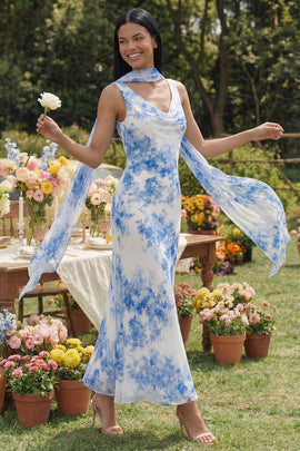 White Blue Flower Neck Scarf Mermaid Floral Maxi Beach Wedding Guest Dress