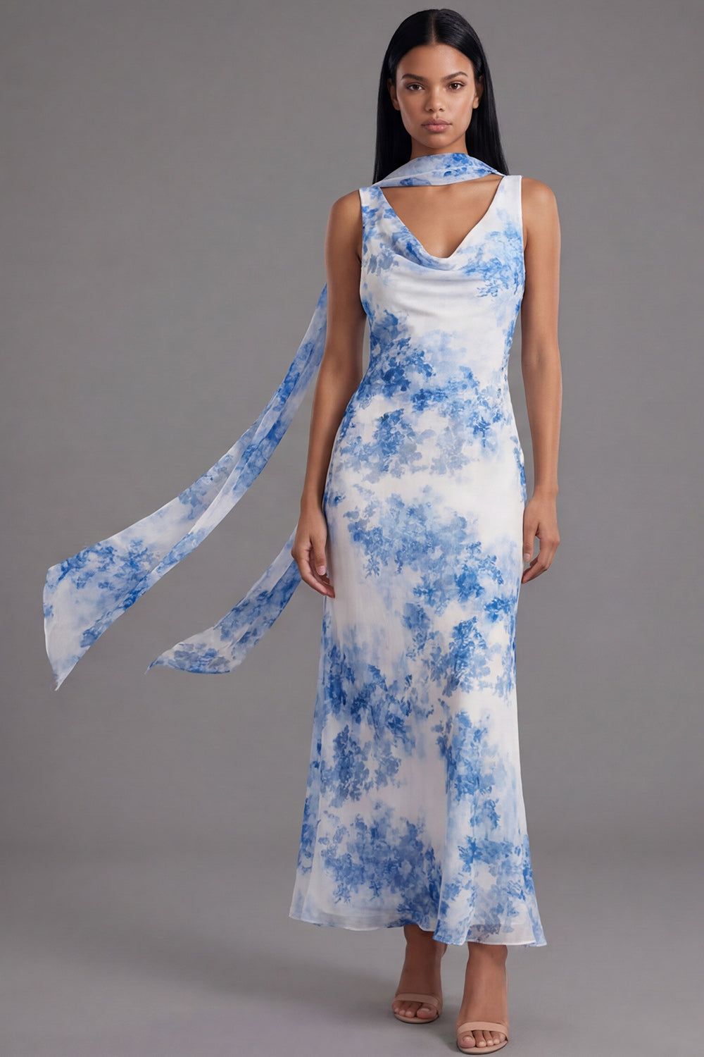 White Blue Flower Neck Scarf Mermaid Floral Maxi Beach Wedding Guest Dress