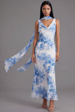 White Blue Flower Neck Scarf Mermaid Floral Maxi Beach Wedding Guest Dress