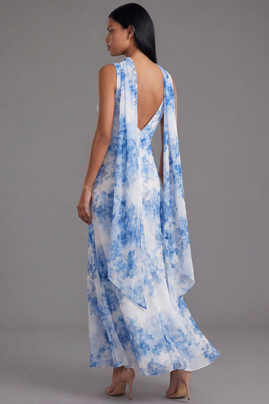 White Blue Flower Neck Scarf Mermaid Floral Maxi Beach Wedding Guest Dress