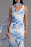 White Blue Flower Neck Scarf Mermaid Floral Maxi Beach Wedding Guest Dress