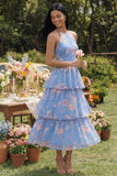 Ruffled A Line Blue Floral Maxi Beach Wedding Guest Dress with Bow