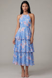 Ruffled A Line Blue Floral Maxi Beach Wedding Guest Dress with Bow