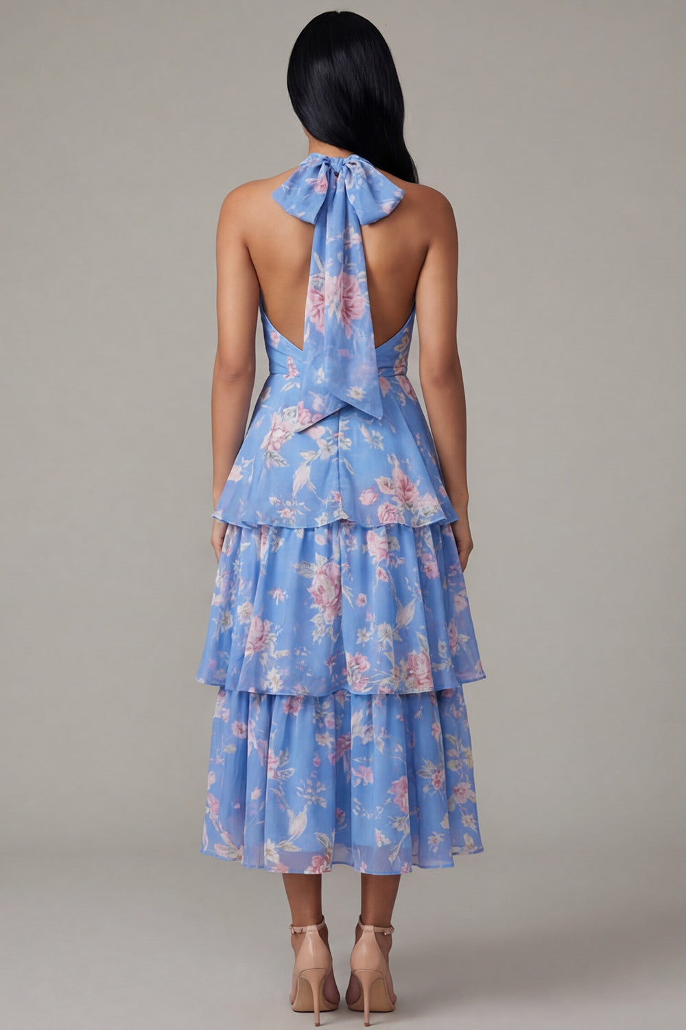 Ruffled A Line Blue Floral Maxi Beach Wedding Guest Dress with Bow