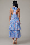 Ruffled A Line Blue Floral Maxi Beach Wedding Guest Dress with Bow