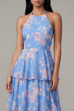 Ruffled A Line Blue Floral Maxi Beach Wedding Guest Dress with Bow