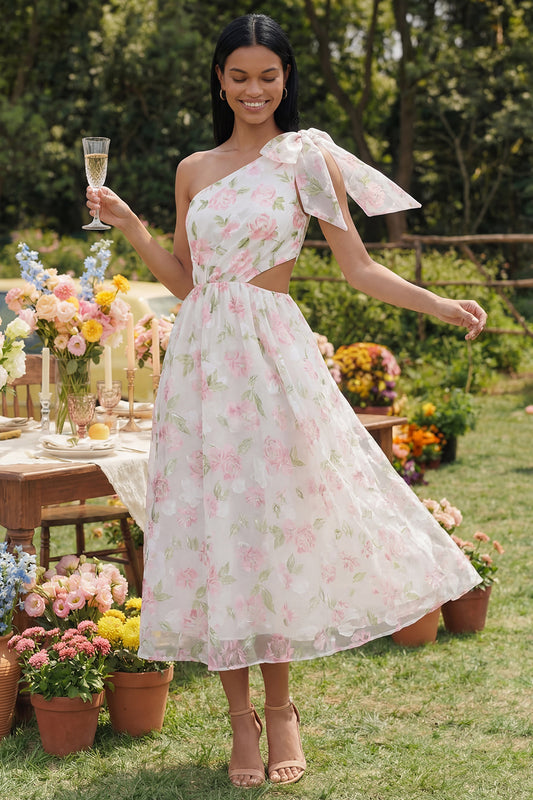 Floral Maxi A Line White Pink Flower Beach Wedding Guest Dress with Bow