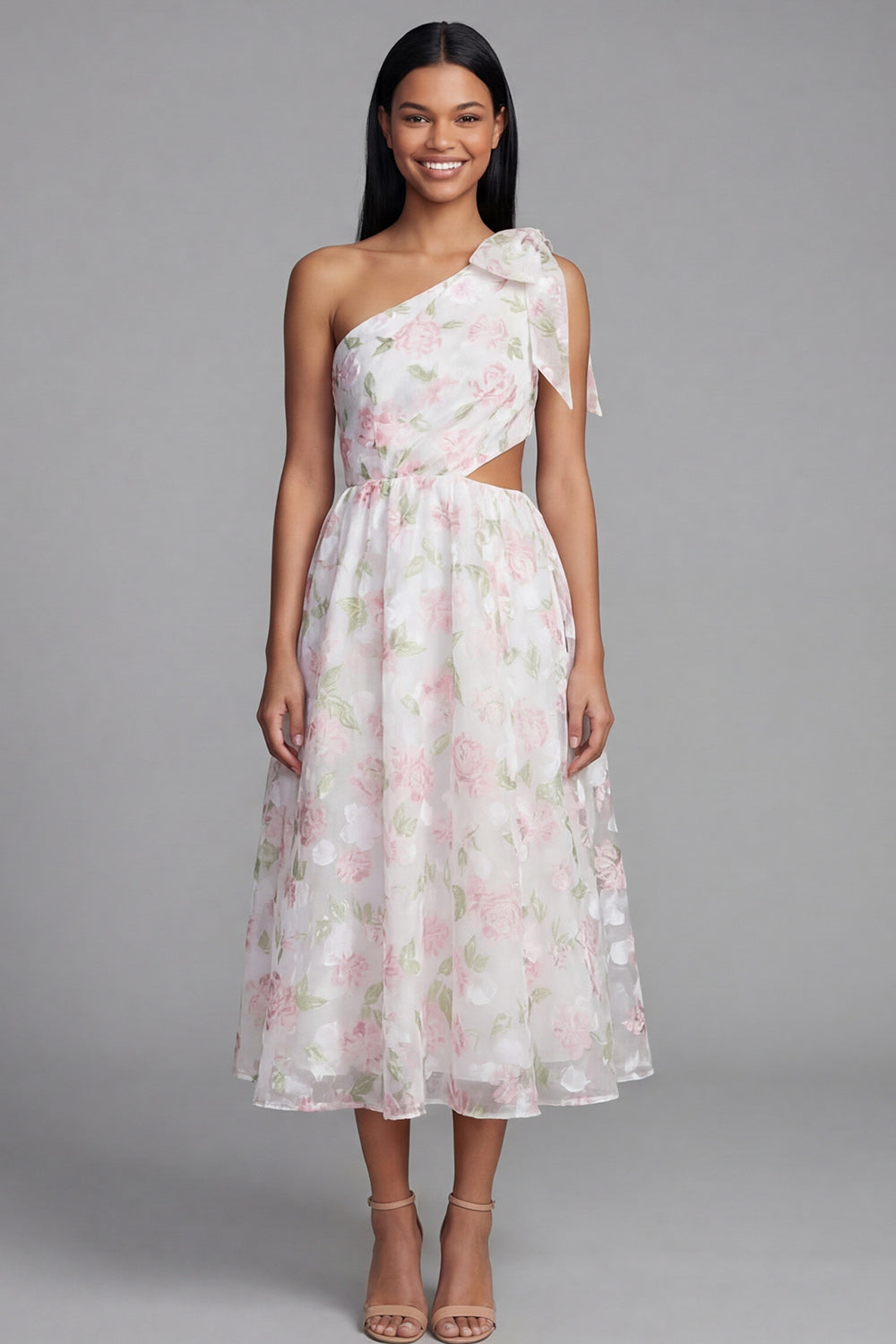 Floral Maxi A Line White Pink Flower Beach Wedding Guest Dress with Bow