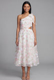 Floral Maxi A Line White Pink Flower Beach Wedding Guest Dress with Bow