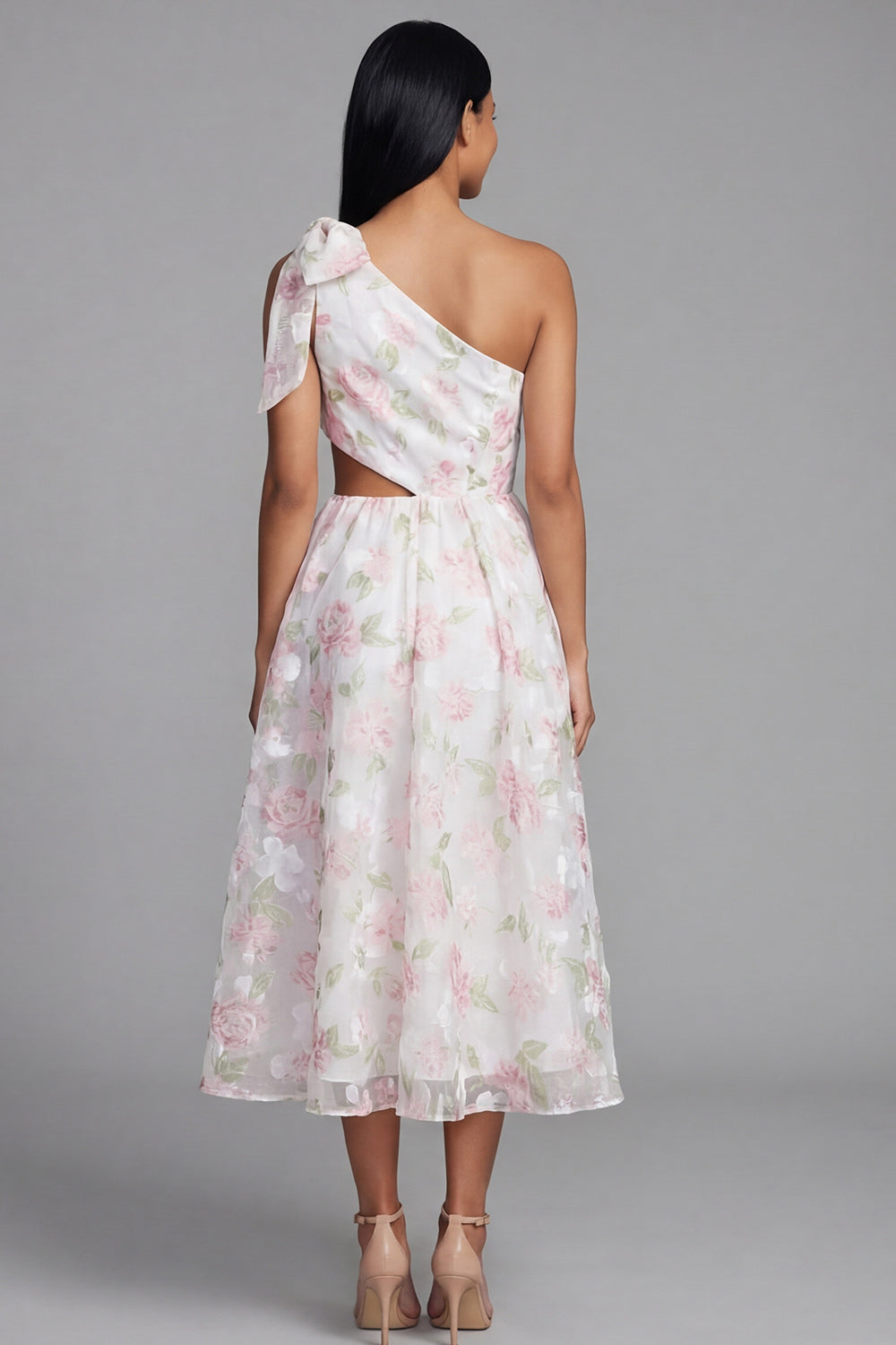 Floral Maxi A Line White Pink Flower Beach Wedding Guest Dress with Bow