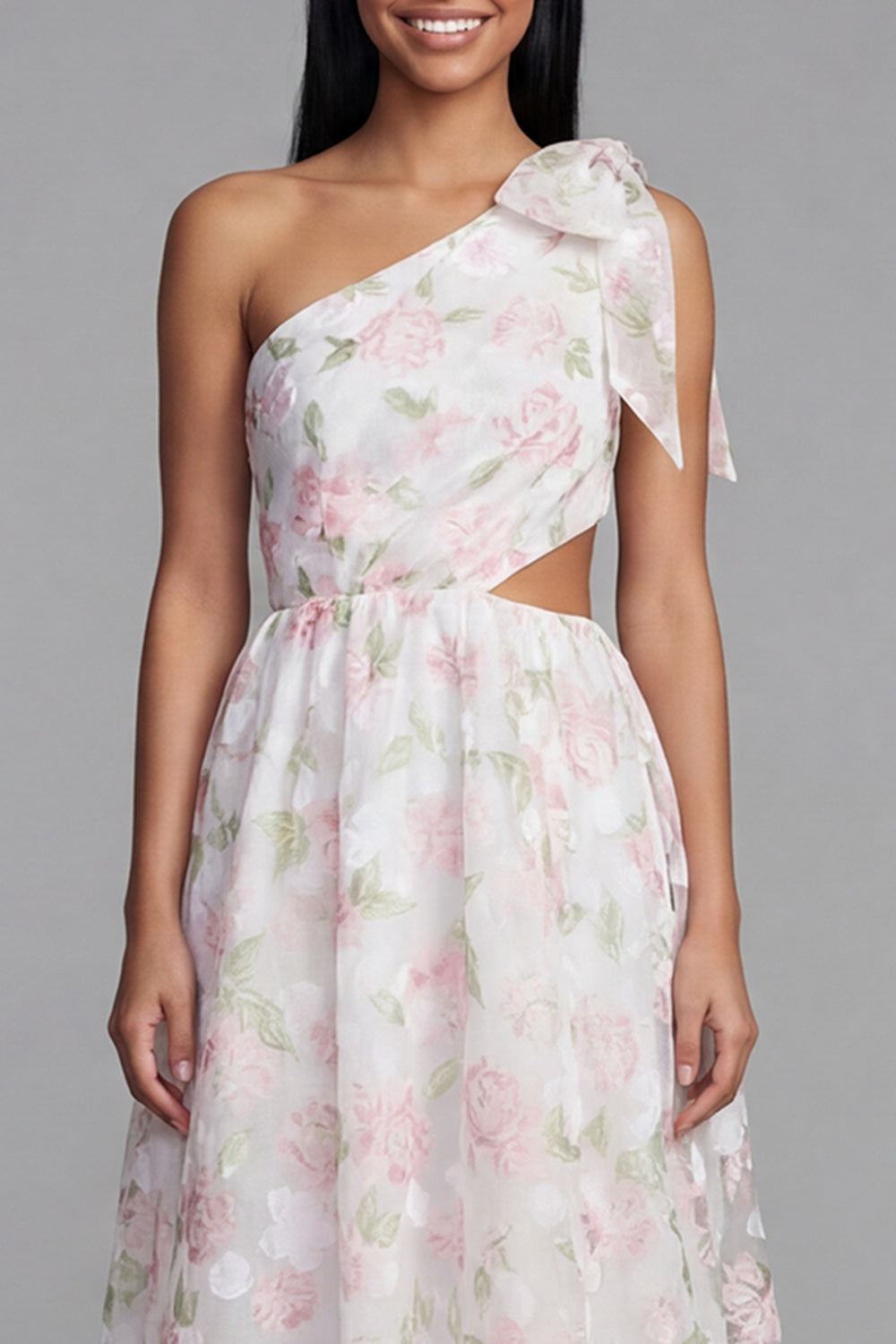Floral Maxi A Line White Pink Flower Beach Wedding Guest Dress with Bow