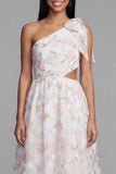 Floral Maxi A Line White Pink Flower Beach Wedding Guest Dress with Bow