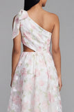 Floral Maxi A Line White Pink Flower Beach Wedding Guest Dress with Bow