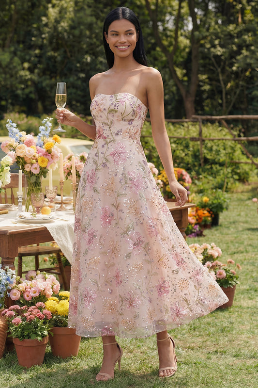Sparkly Pink Sequin A Line Floral Maxi Strapless Wedding Guest Dress