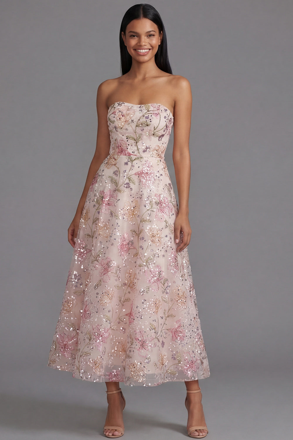 Sparkly Pink Sequin A Line Floral Maxi Strapless Wedding Guest Dress