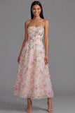 Sparkly Pink Sequin A Line Floral Maxi Strapless Wedding Guest Dress