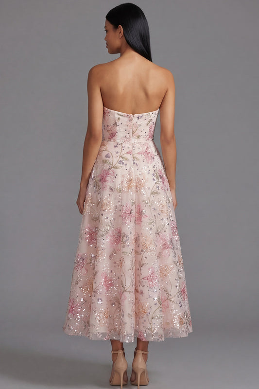 Sparkly Pink Sequin A Line Floral Maxi Strapless Wedding Guest Dress