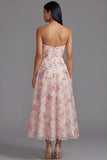 Sparkly Pink Sequin A Line Floral Maxi Strapless Wedding Guest Dress