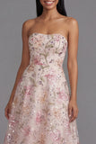 Sparkly Pink Sequin A Line Floral Maxi Strapless Wedding Guest Dress