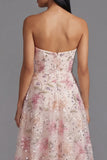 Sparkly Pink Sequin A Line Floral Maxi Strapless Wedding Guest Dress