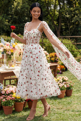 Ivory Corset A Line Floral Maxi Beach Wedding Guest Dress with Cape