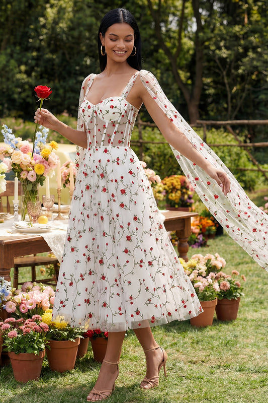 Ivory Corset A Line Floral Maxi Beach Wedding Guest Dress with Cape