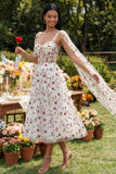 Ivory Corset A Line Floral Maxi Beach Wedding Guest Dress with Cape