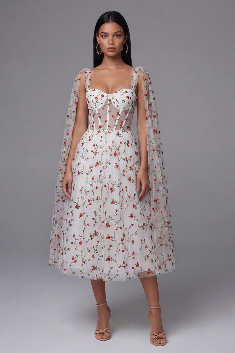 Ivory Corset A Line Floral Maxi Beach Wedding Guest Dress with Cape