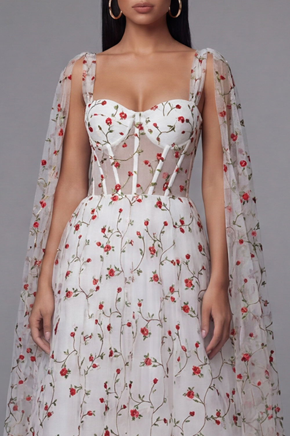 Ivory Corset A Line Floral Maxi Beach Wedding Guest Dress with Cape