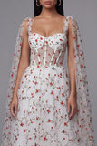Ivory Corset A Line Floral Maxi Beach Wedding Guest Dress with Cape