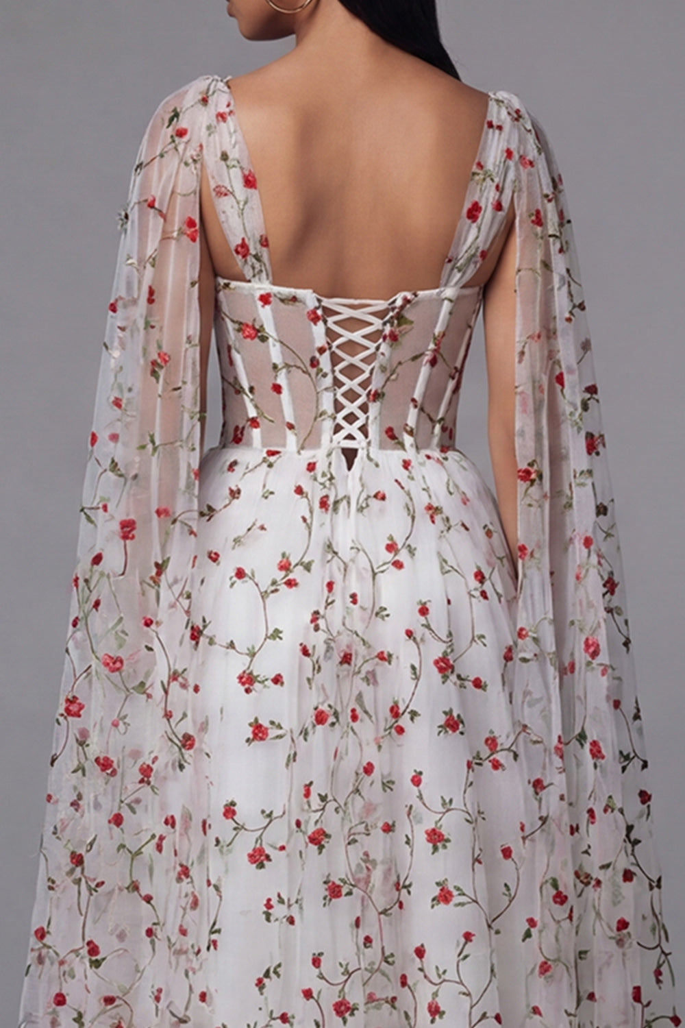 Ivory Corset A Line Floral Maxi Beach Wedding Guest Dress with Cape