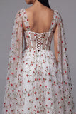 Ivory Corset A Line Floral Maxi Beach Wedding Guest Dress with Cape