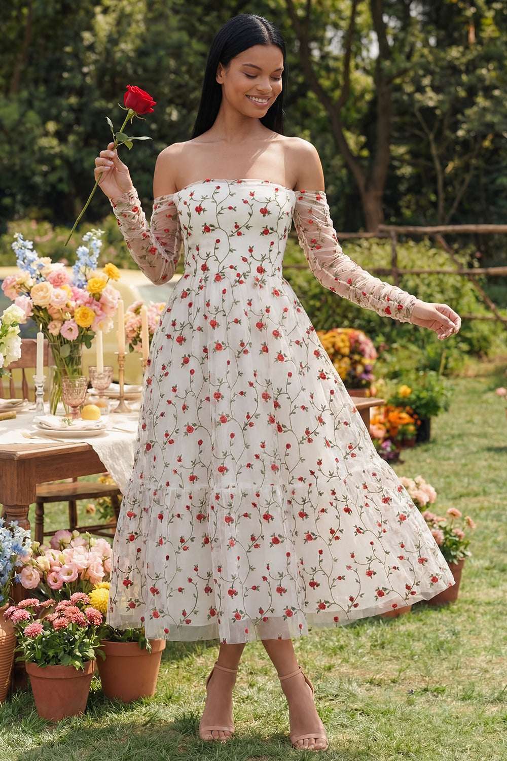 Off the Shoulder Ivory A Line Floral Maxi Beach Wedding Guest Dress