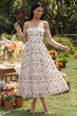 Off the Shoulder Ivory A Line Floral Maxi Beach Wedding Guest Dress